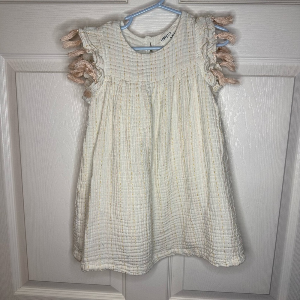 Poppet & Fox Cream 100% Cotton Dress with Fringe Sleeves Girls Size 5 GUC